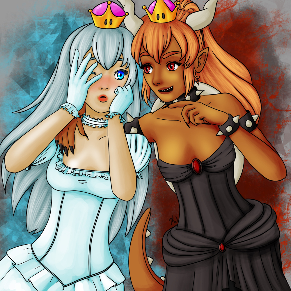 Two women wearing dresses and crowns. One looks shocked while the other is smirking and has her arm draped over the other