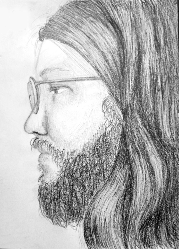 Graphite drawing, Side profile of a male wearing glasses, with a beard and long hair