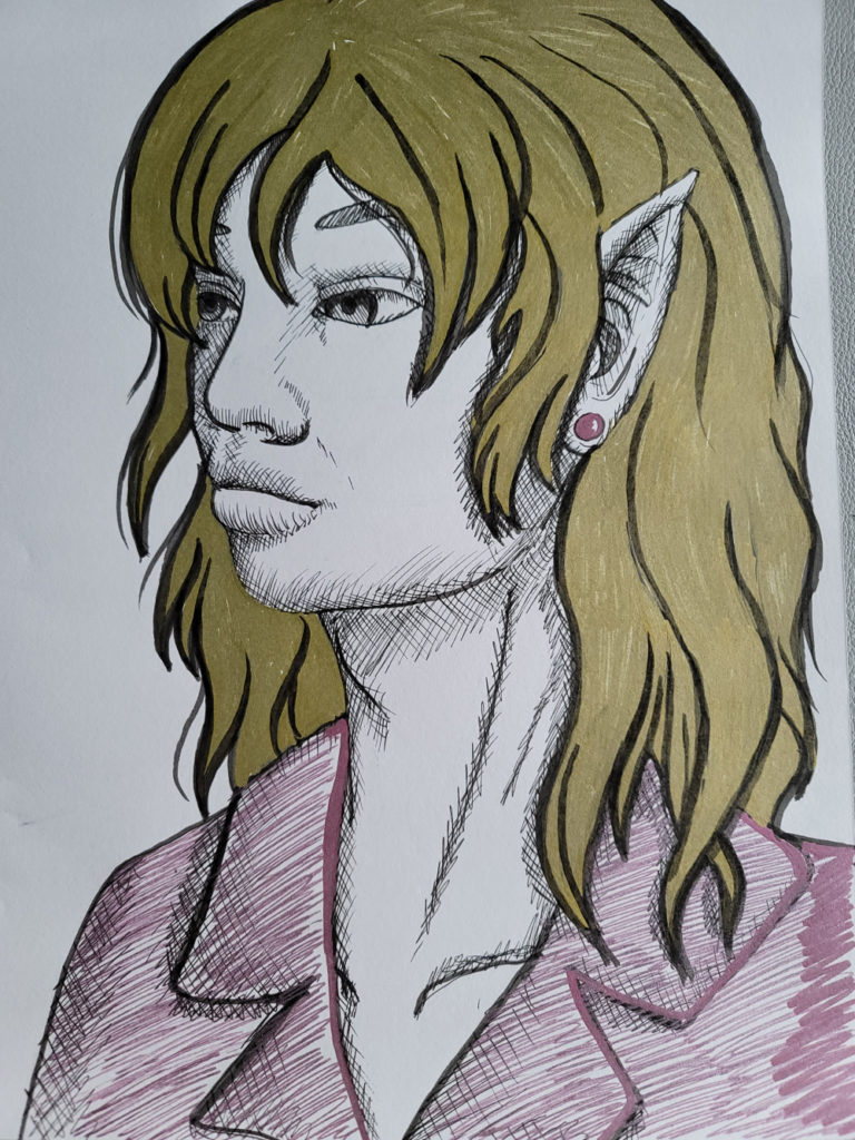 a marker drawing of a man with pointy elf ears colored with gold and rose gold markers.