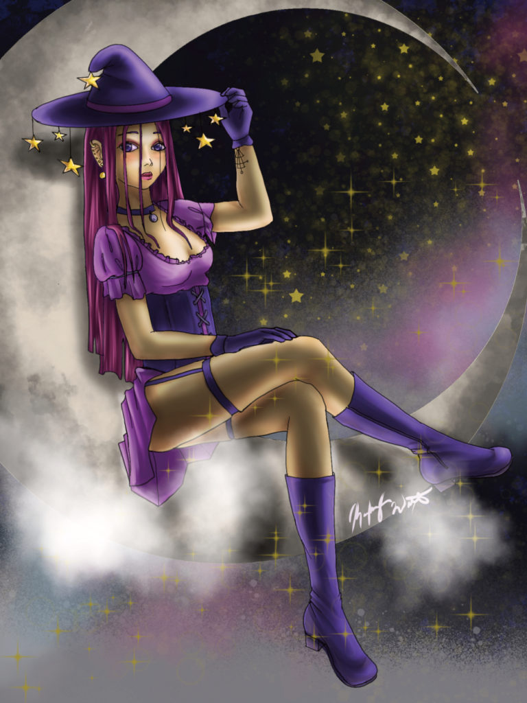 A woman wearing a witch outfit, sitting on the moon