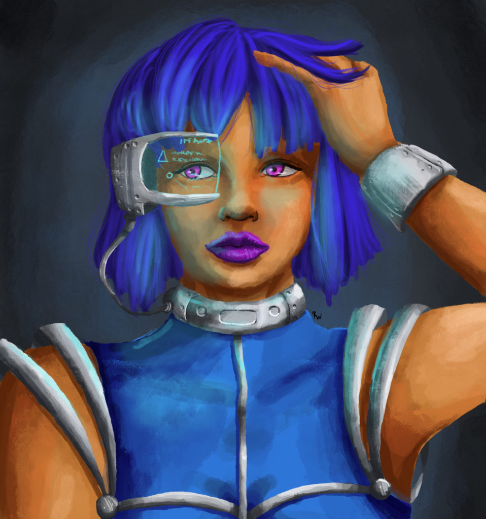 a drawing of a woman in a blue body suit wearing an augmented reality headset
