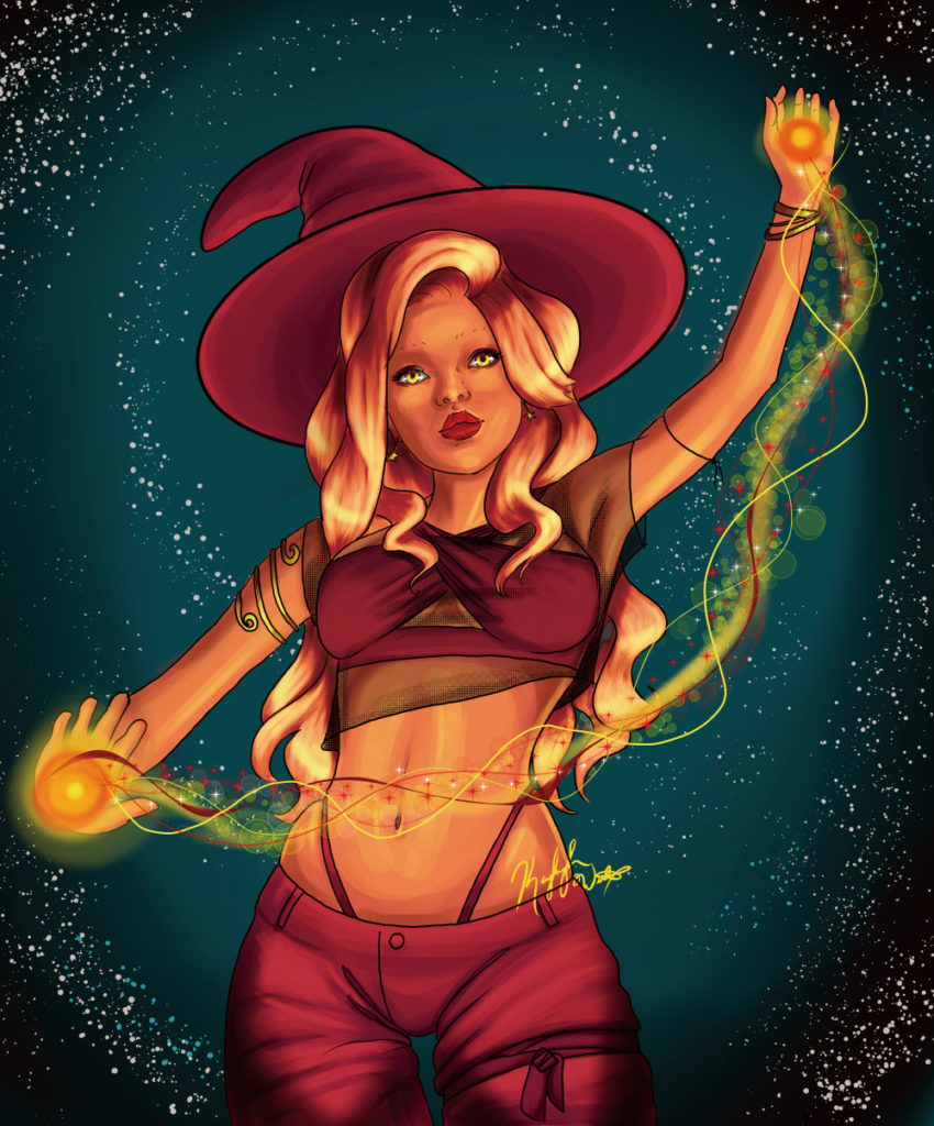 a Woman with her arms outstretched and fire magic swirling between them wearing a witch outfit.