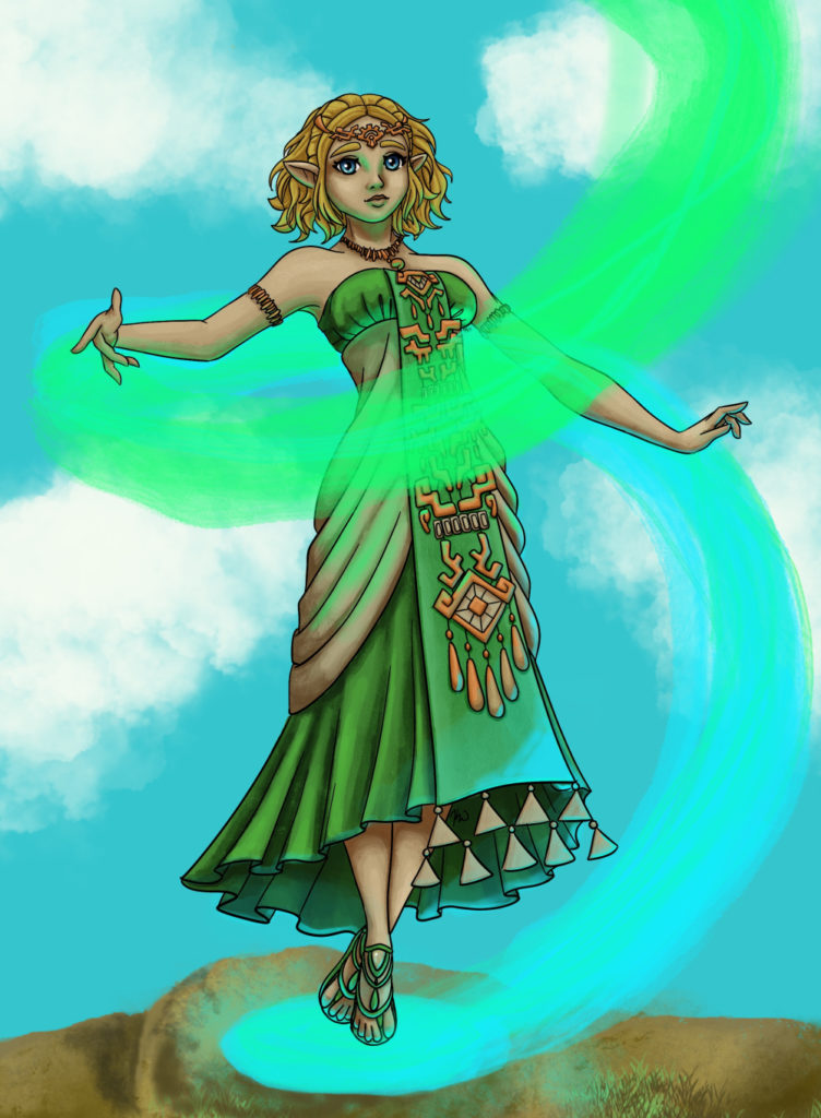 Zelda standing on a ledge with the blue sky behind her and a magical energy swirling around her.