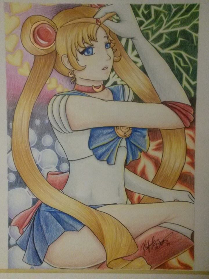 a color pencil drawing of sailor moon grabbing her tiara