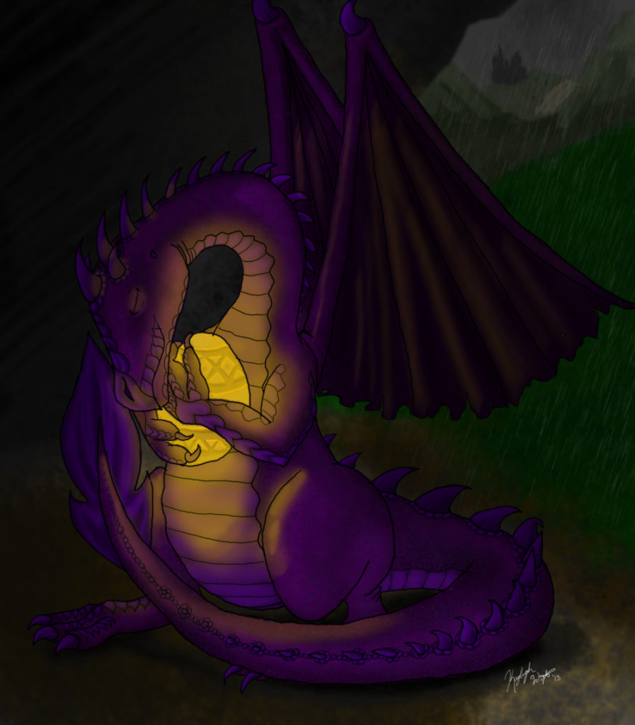 A western style dragon in a cave hold a glowing gold egg.