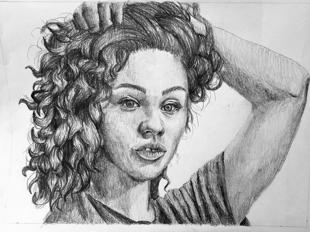 a graphite drawing of a lady holding her hair back on her head.