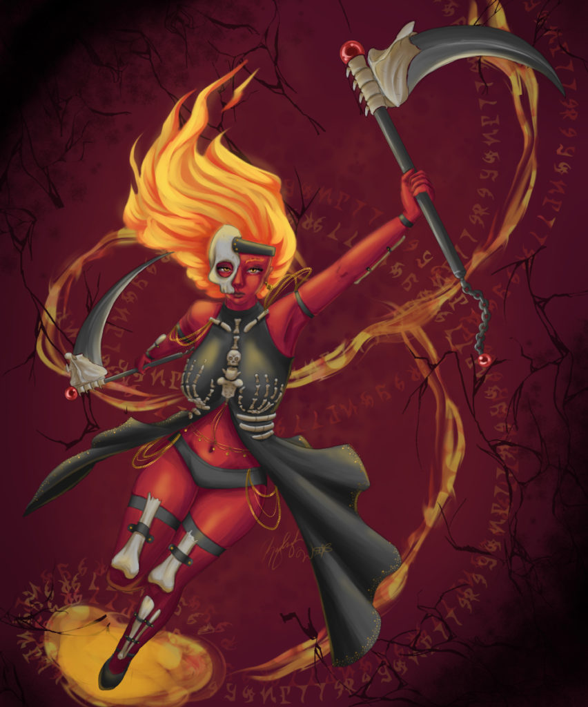Female grim reaper with red skin and fire hair, black clothes with bones on them carrying 2 small scythes in each hand