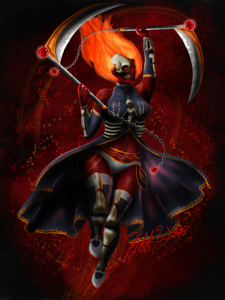 Female grim reaper with red skin and fire hair, black clothes with bones on them carrying 2 small scythes in each hand