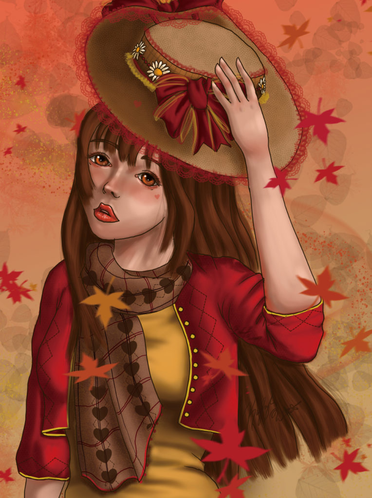 A woman holding a hat wearing fall clothes while fall leaves fall around her