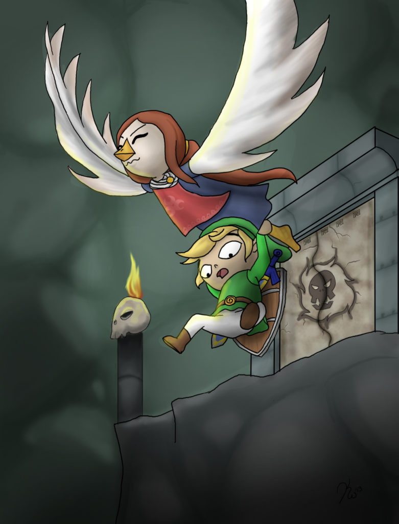 Link being carried across a chasm by Medli in her bird form