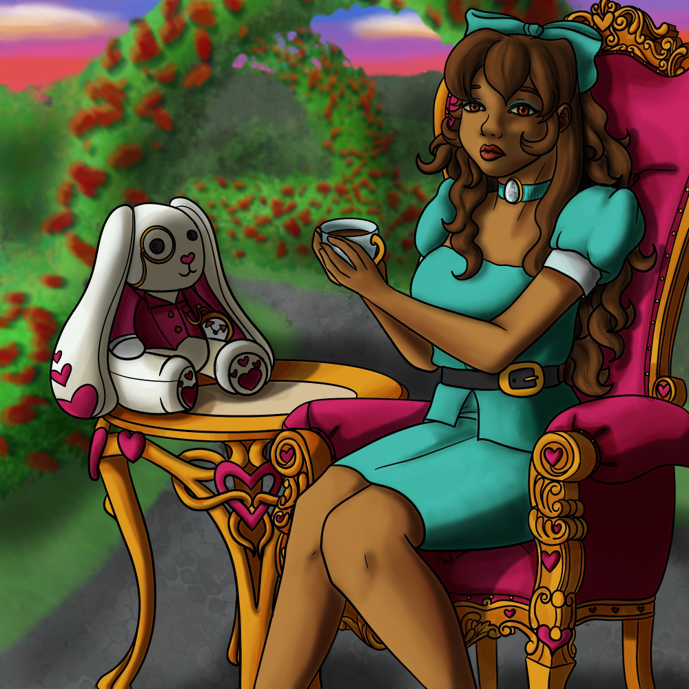 a woman sitting in a garden drinking tea with a plush rabbit on the table next to her