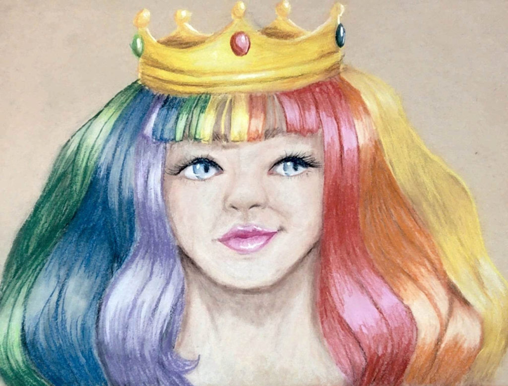 Portrait of a young lady wearing a crown with rainbow hair.