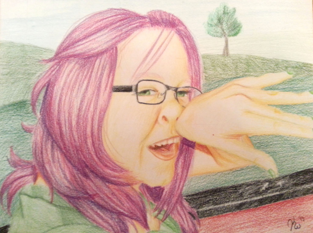 Color pencil drawing of a woman smiling and squishing her nose with the back of her hand