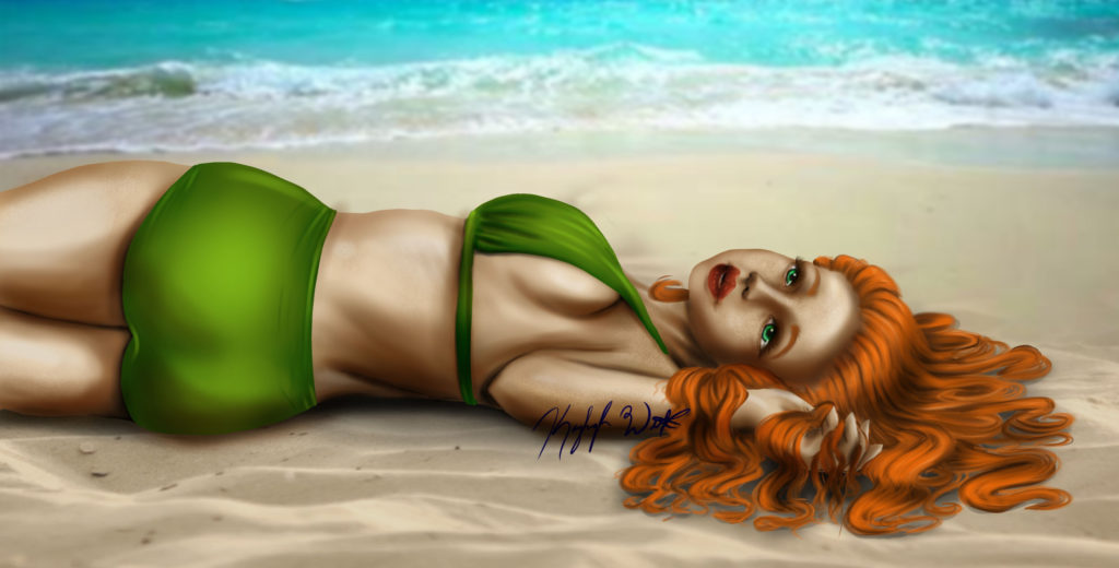 A drawing of a woman laying on the beach in a green bikini.