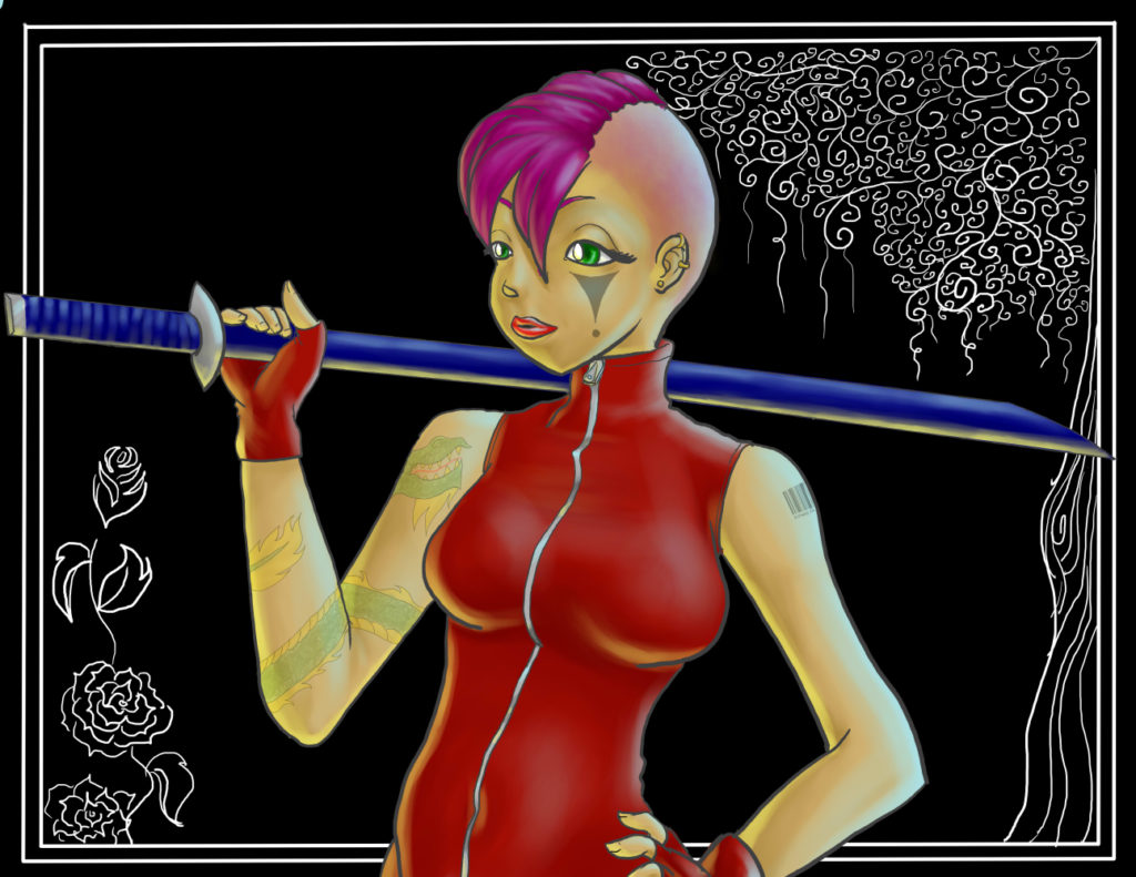 Drawing of a woman with a mohawk and tattoos holding a sword over her shoulder.