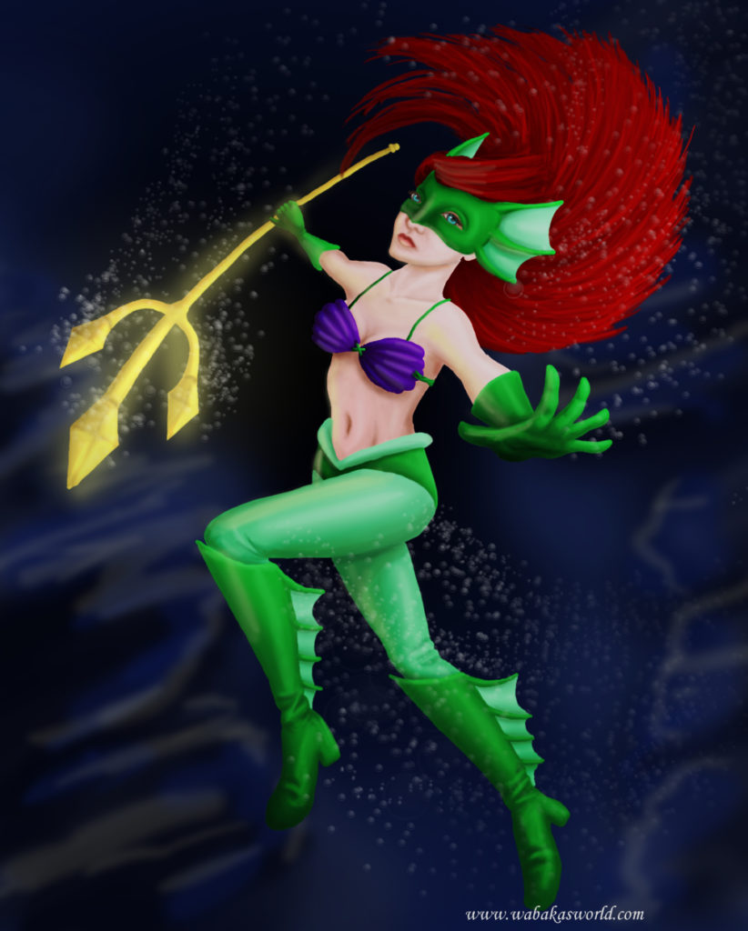 Ariel the mermaid in a superhero style suit holding a trident, ready to throw.