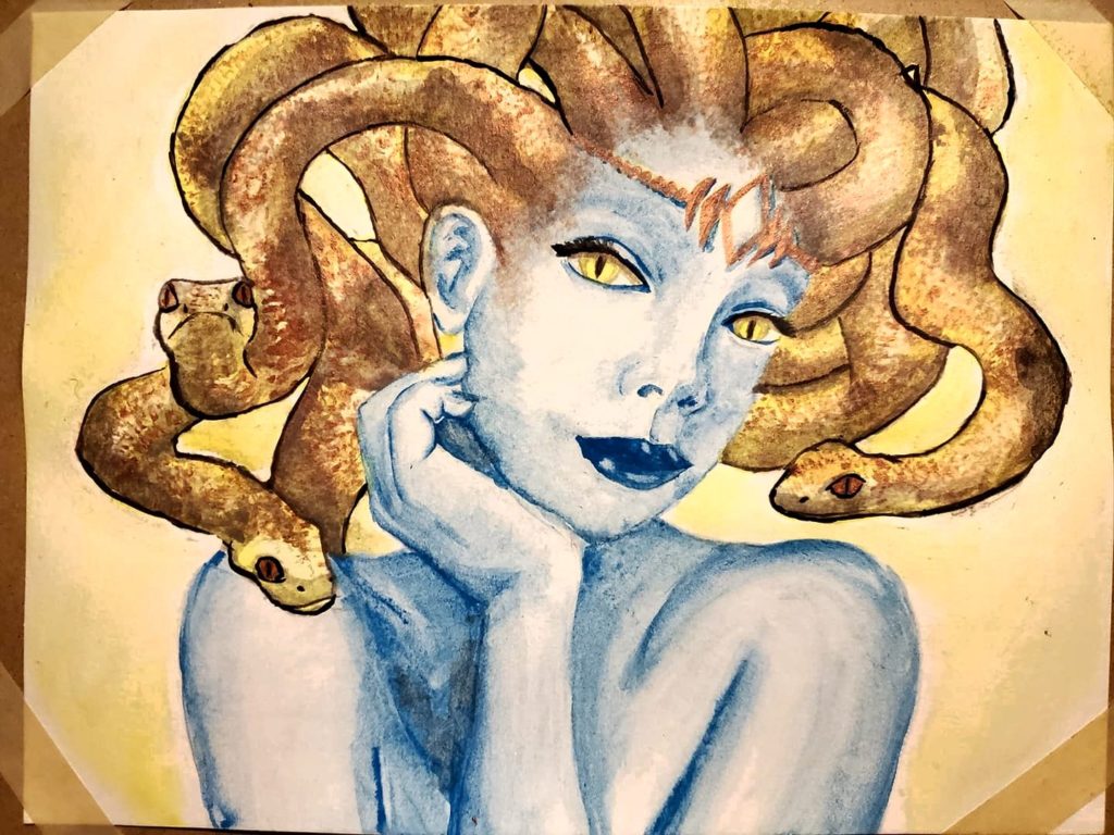 watercolor painting of medusa, with blue skin and gold snakes for hair, her head resting on her hand.
