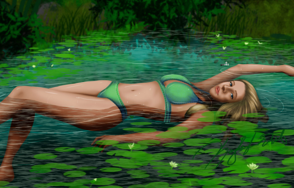 a woman wearing a bikini swimming in a lake with water lilies.